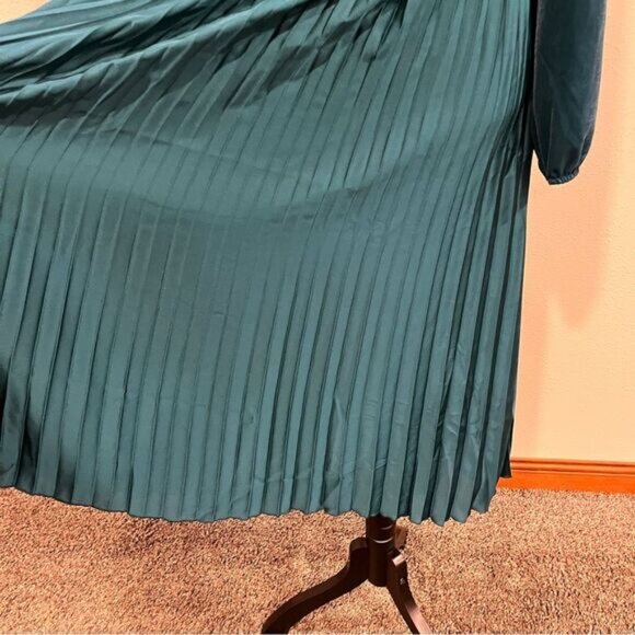 Lands' End Velvet and Satin Midi Dress in evening teal color with plated skirt - Picture 4 of 13